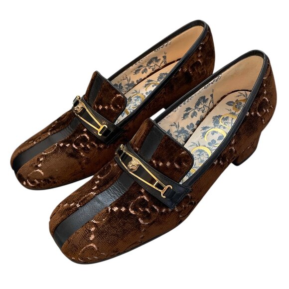 GUCCI Velvet GG Logo Block Heel Brown Square Toe Mules Loafers Flats Cat \\ 37 - Picture 2 of 13